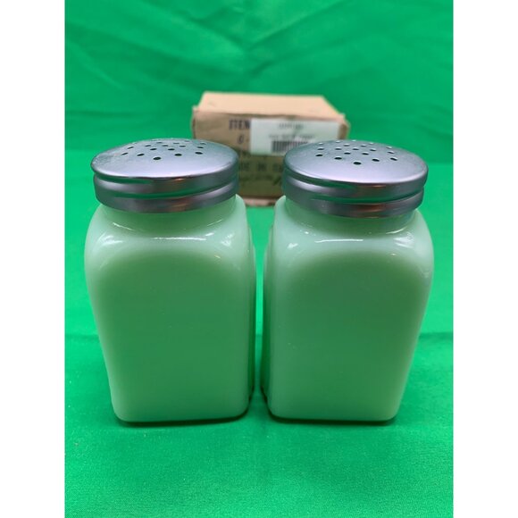Vintage Jade Glass Salt & Pepper Shakers Rooster Graphics Metal Lids - Picture 6 of 7